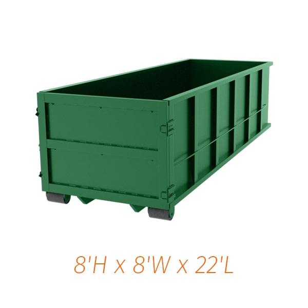 forty-yard dumpsters typically have a length of 22 feet, a width of 8 feet, and a height of 7 feet